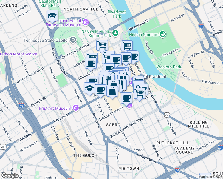 map of restaurants, bars, coffee shops, grocery stores, and more near 502 Broadway in Nashville