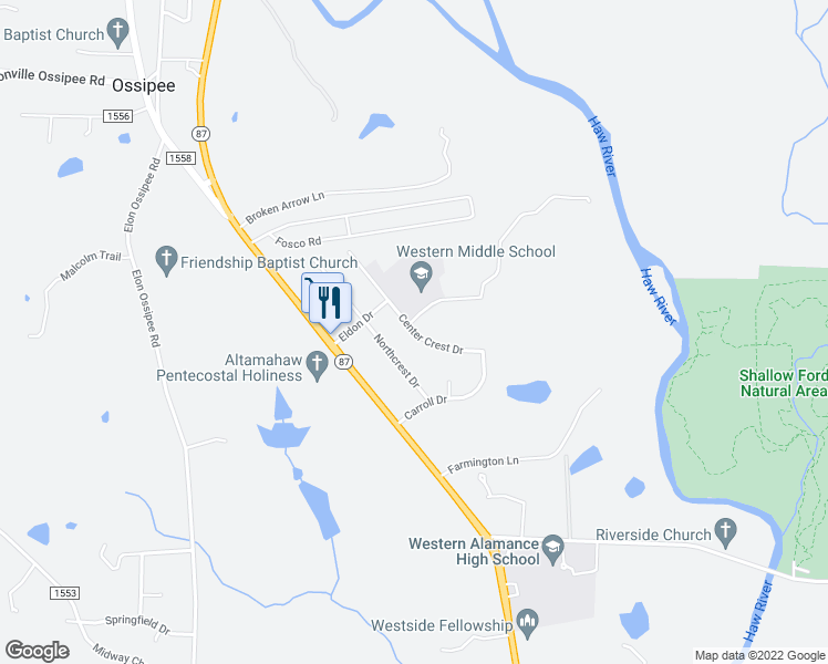 map of restaurants, bars, coffee shops, grocery stores, and more near 2054 Centercrest Drive in Elon