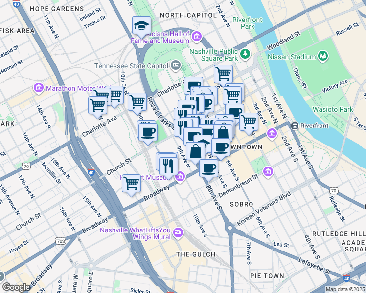 map of restaurants, bars, coffee shops, grocery stores, and more near 160 9th Avenue North in Nashville