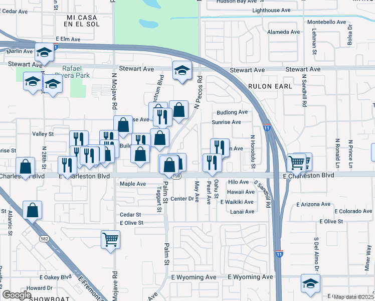 map of restaurants, bars, coffee shops, grocery stores, and more near 60 North Pecos Road in Las Vegas