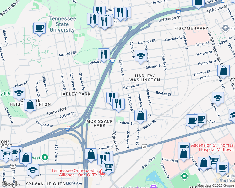 map of restaurants, bars, coffee shops, grocery stores, and more near 803 Lena Street in Nashville