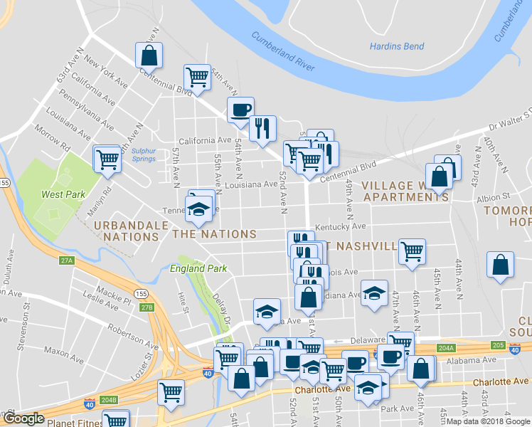 map of restaurants, bars, coffee shops, grocery stores, and more near 5215 Tennessee Avenue in Nashville