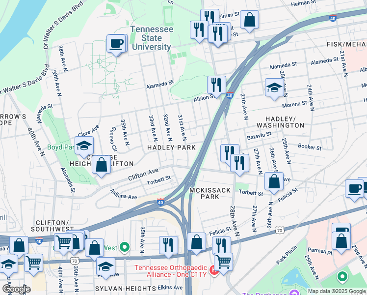map of restaurants, bars, coffee shops, grocery stores, and more near 3101 Batavia Street in Nashville