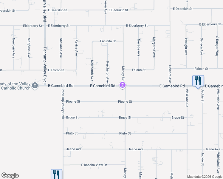 map of restaurants, bars, coffee shops, grocery stores, and more near 1391 East Gamebird Road in Pahrump