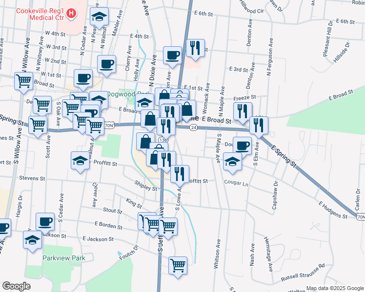 map of restaurants, bars, coffee shops, grocery stores, and more near 132 South Lowe Avenue in Cookeville