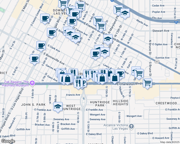 map of restaurants, bars, coffee shops, grocery stores, and more near 501 South Maryland Parkway in Las Vegas