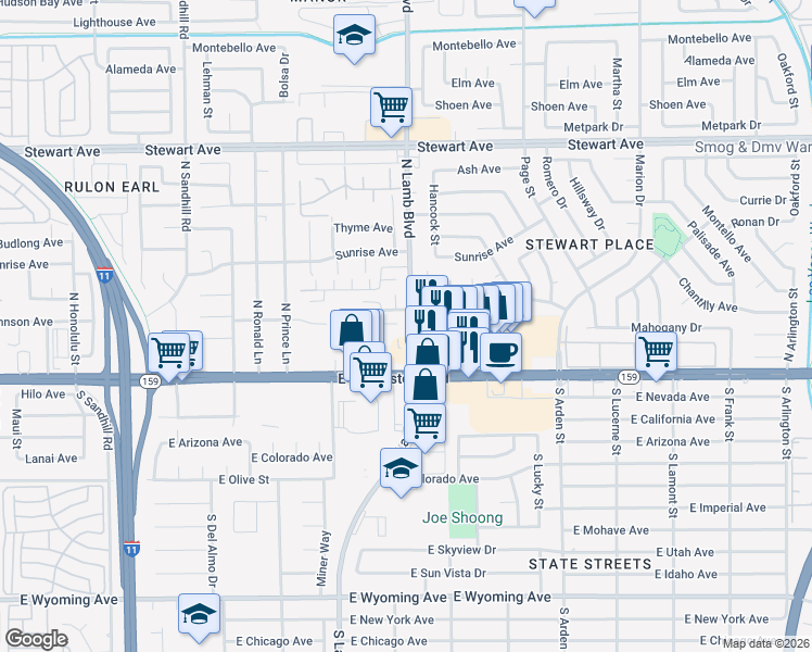 map of restaurants, bars, coffee shops, grocery stores, and more near 45 North Lamb Boulevard in Las Vegas