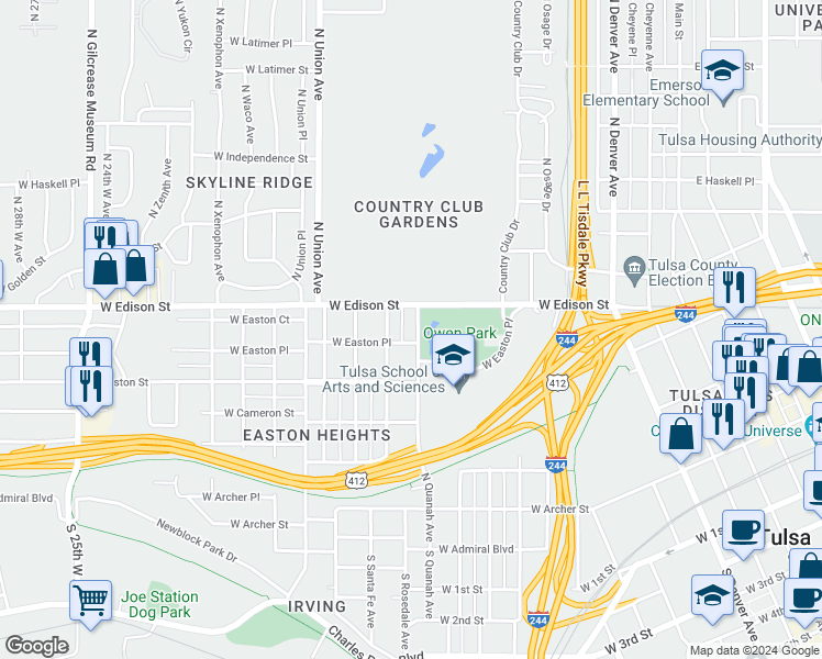 map of restaurants, bars, coffee shops, grocery stores, and more near 548 North Quanah Avenue in Tulsa