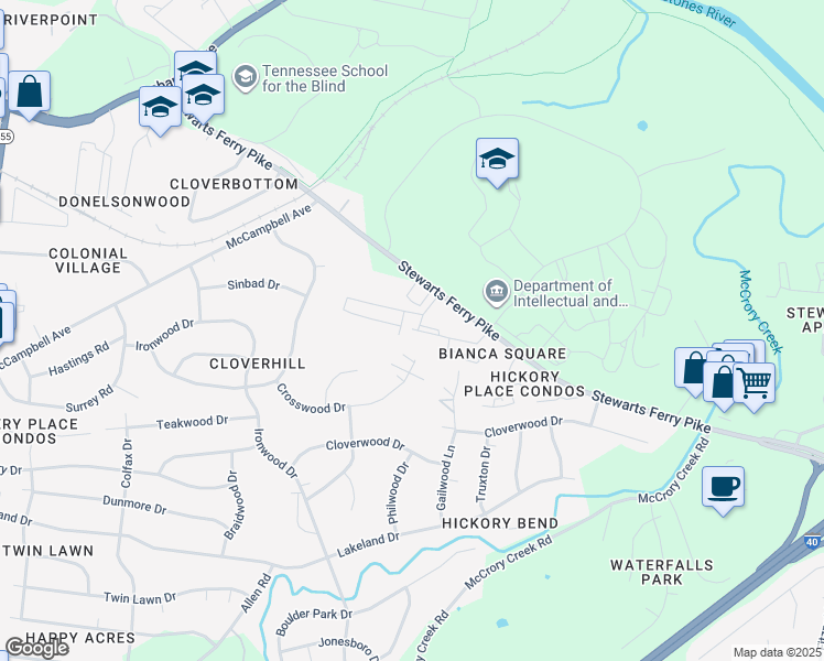 map of restaurants, bars, coffee shops, grocery stores, and more near 266 Stewarts Ferry Pike in Nashville