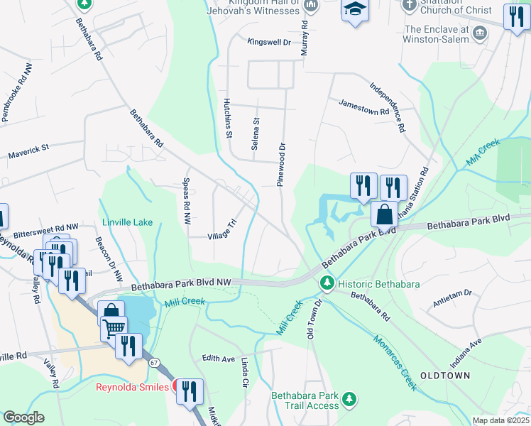 map of restaurants, bars, coffee shops, grocery stores, and more near 2325 Bethabara Road in Winston-Salem
