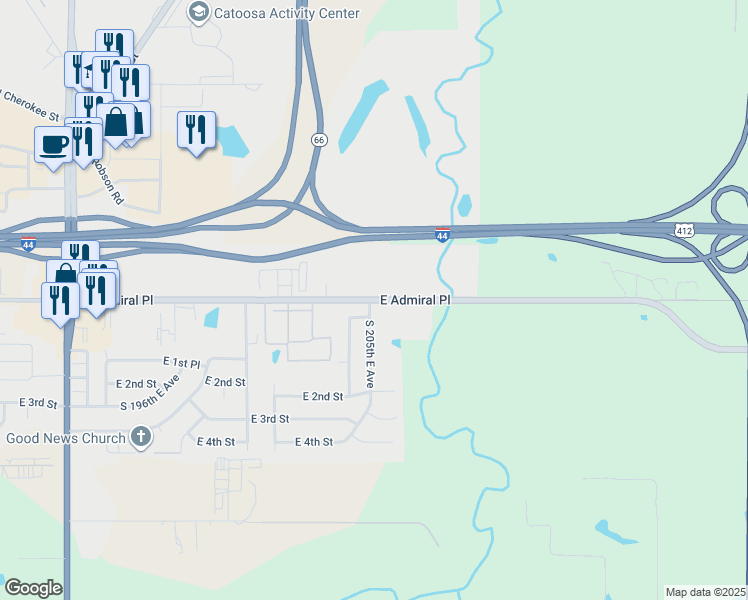 map of restaurants, bars, coffee shops, grocery stores, and more near 20460 East Admiral Place in Catoosa