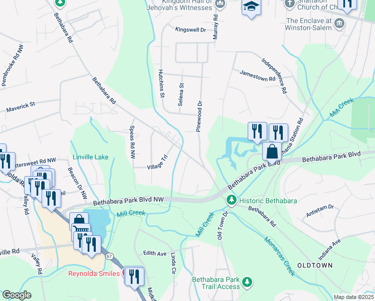 map of restaurants, bars, coffee shops, grocery stores, and more near 2325 Bethabara Road in Winston-Salem