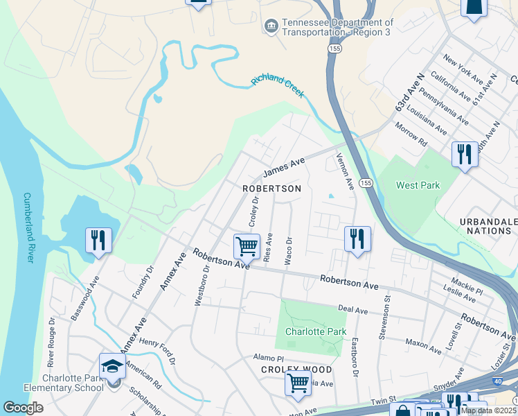 map of restaurants, bars, coffee shops, grocery stores, and more near 744 Croley Drive in Nashville