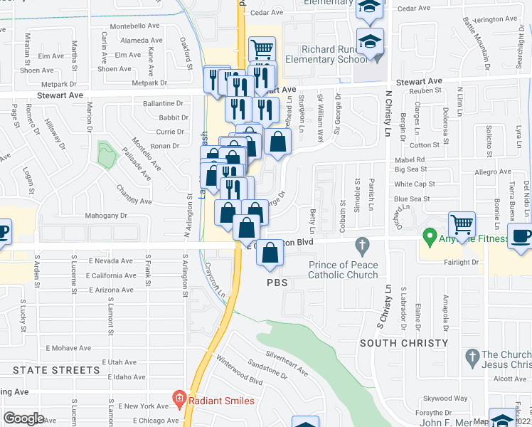 map of restaurants, bars, coffee shops, grocery stores, and more near 117 Sir Thomas Drive in Las Vegas