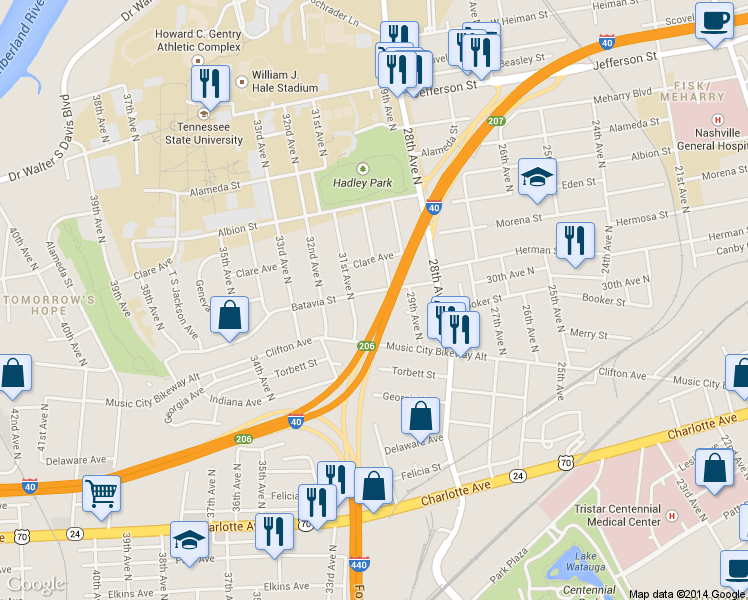 map of restaurants, bars, coffee shops, grocery stores, and more near 3005 30th Avenue North in Nashville