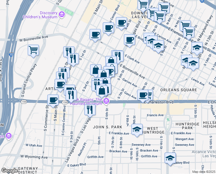 map of restaurants, bars, coffee shops, grocery stores, and more near 801 South Las Vegas Boulevard in Las Vegas