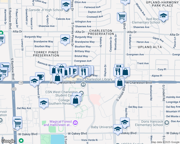 map of restaurants, bars, coffee shops, grocery stores, and more near 6233 Casada Way in Las Vegas