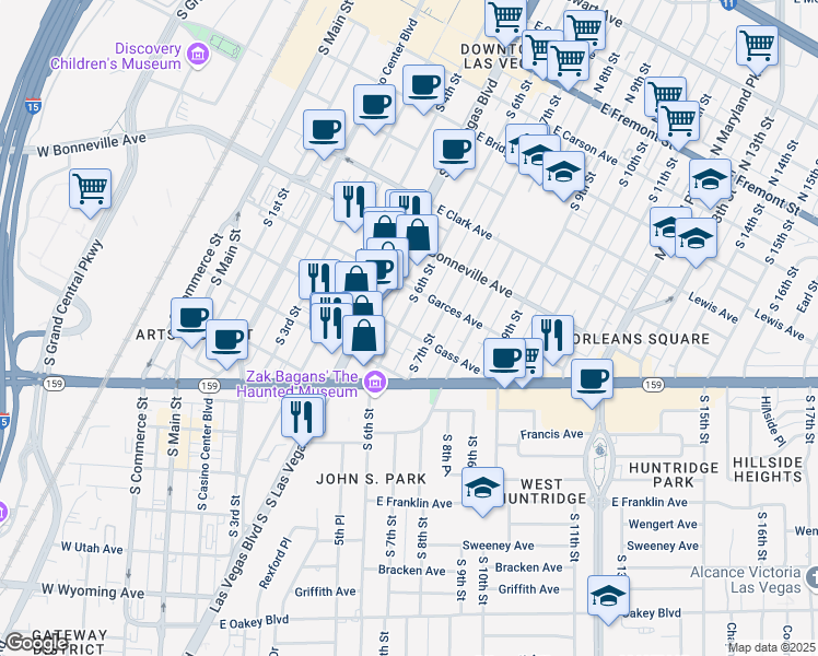 map of restaurants, bars, coffee shops, grocery stores, and more near 731 South 6th Street in Las Vegas
