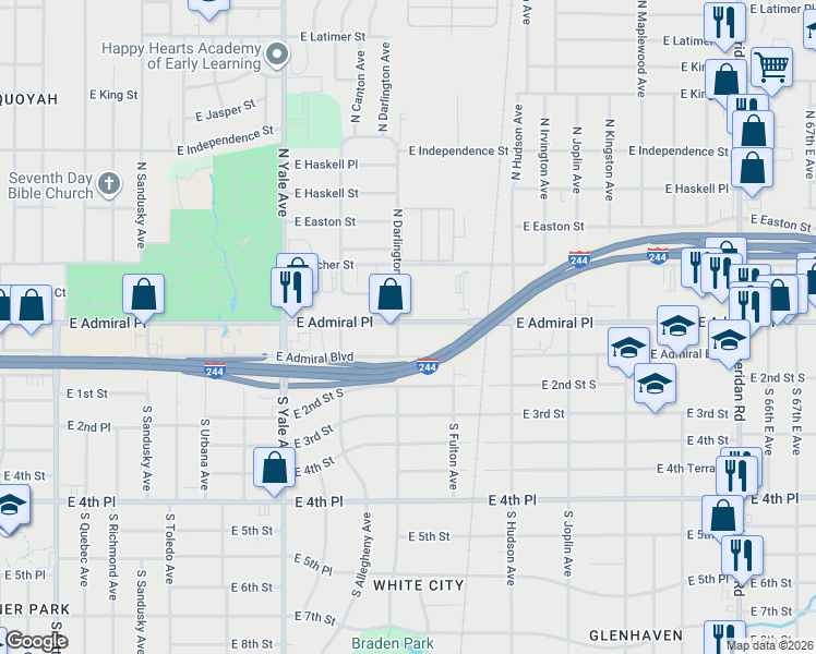 map of restaurants, bars, coffee shops, grocery stores, and more near 5308e East Admiral Place in Tulsa