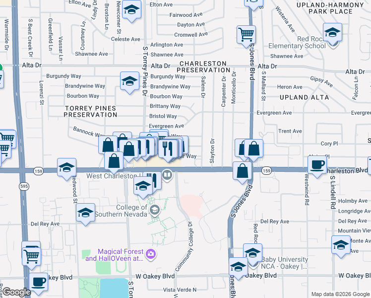 map of restaurants, bars, coffee shops, grocery stores, and more near 6233 Casada Way in Las Vegas