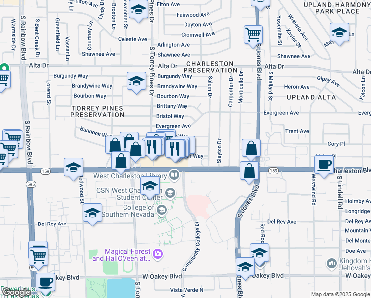 map of restaurants, bars, coffee shops, grocery stores, and more near 6233 Casada Way in Las Vegas