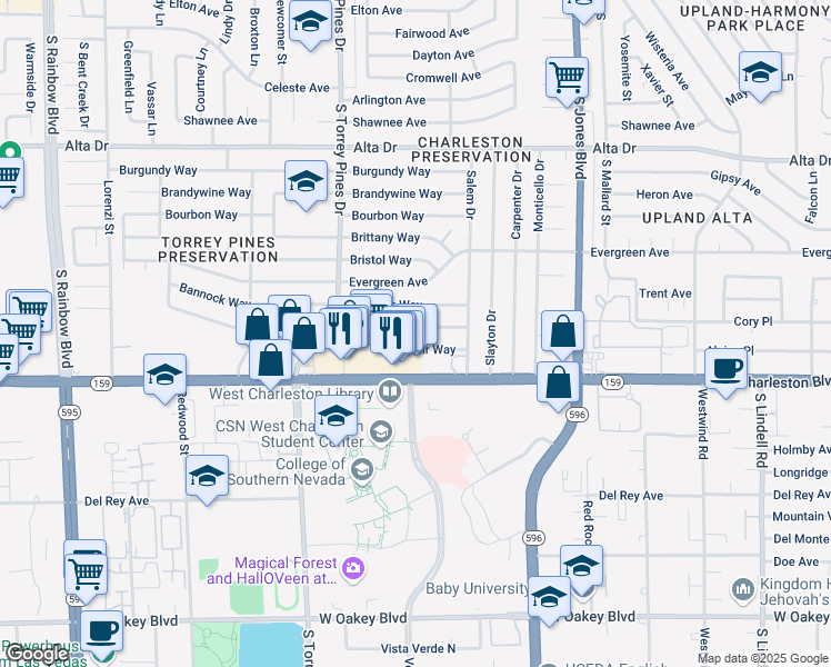 map of restaurants, bars, coffee shops, grocery stores, and more near 6233 Casada Way in Las Vegas
