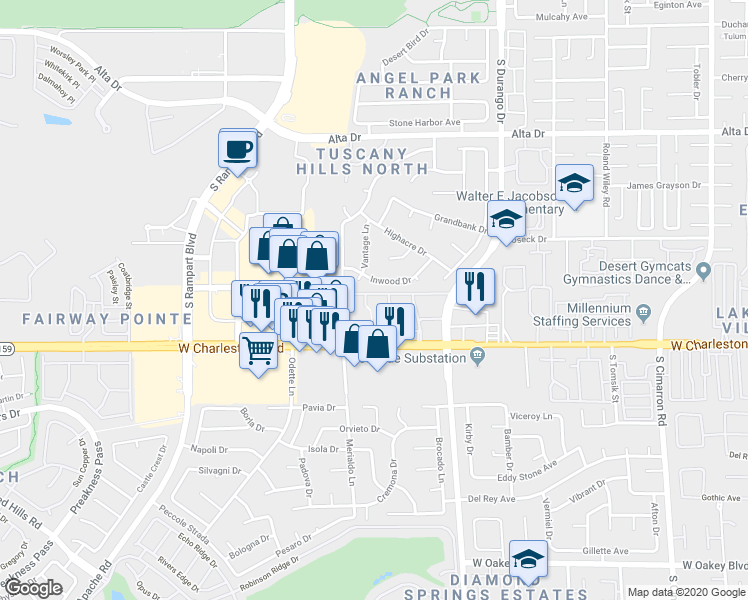 map of restaurants, bars, coffee shops, grocery stores, and more near 8600 West Charleston Boulevard in Las Vegas