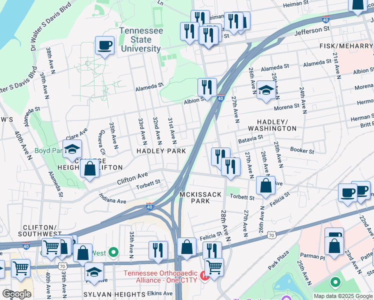 map of restaurants, bars, coffee shops, grocery stores, and more near 3005 30th Avenue North in Nashville