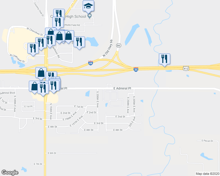 map of restaurants, bars, coffee shops, grocery stores, and more near 20460 East Admiral Place in Catoosa