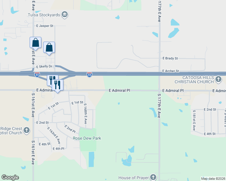 map of restaurants, bars, coffee shops, grocery stores, and more near 17302 East Admiral Place in Tulsa