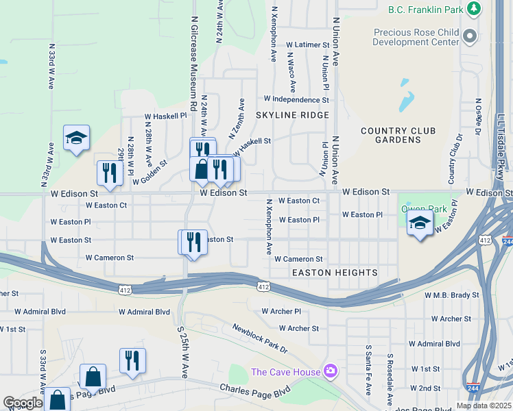 map of restaurants, bars, coffee shops, grocery stores, and more near 2036 West Easton Court in Tulsa