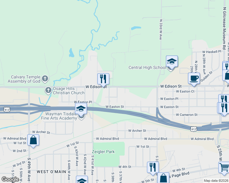 map of restaurants, bars, coffee shops, grocery stores, and more near 543 North 38th West Avenue in Tulsa