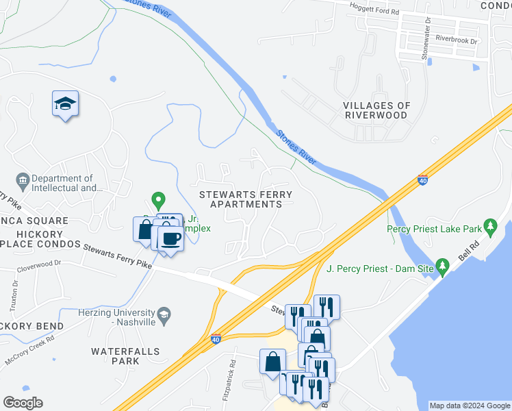 map of restaurants, bars, coffee shops, grocery stores, and more near 8234 Stewarts Ferry Parkway in Nashville