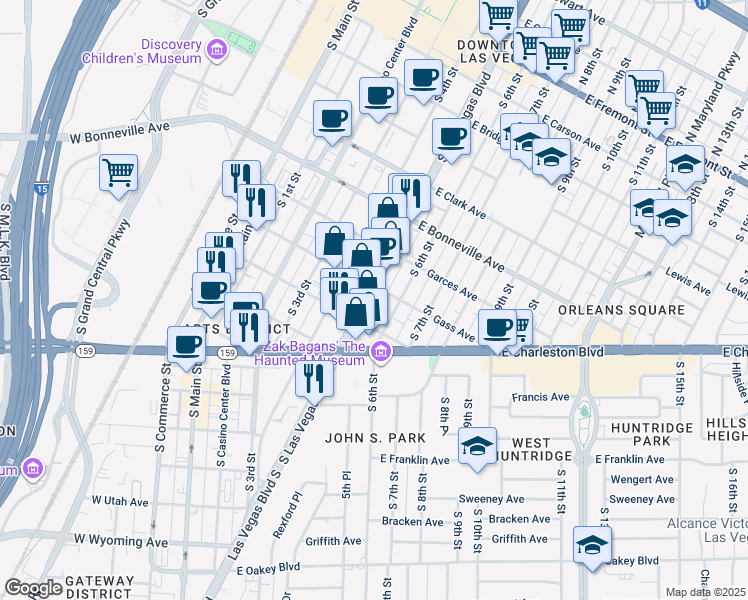 map of restaurants, bars, coffee shops, grocery stores, and more near 801 Las Vegas Boulevard South in Las Vegas