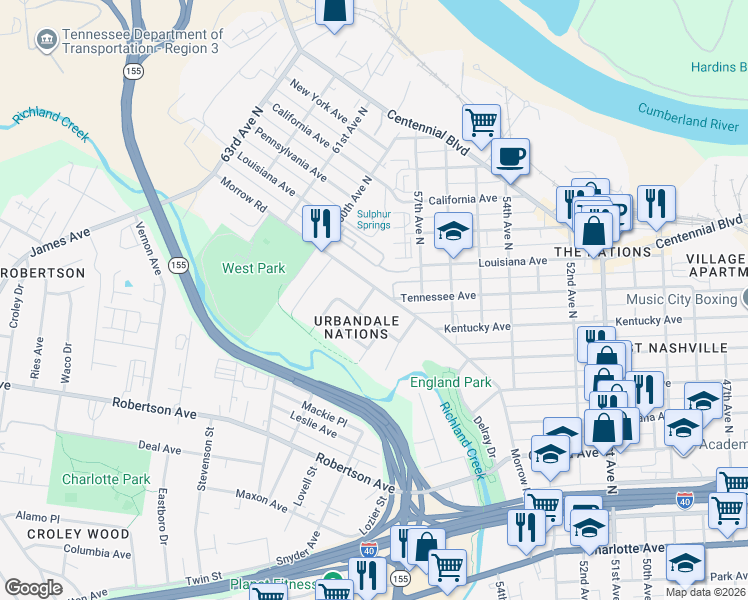 map of restaurants, bars, coffee shops, grocery stores, and more near 5803 Morrow Road in Nashville