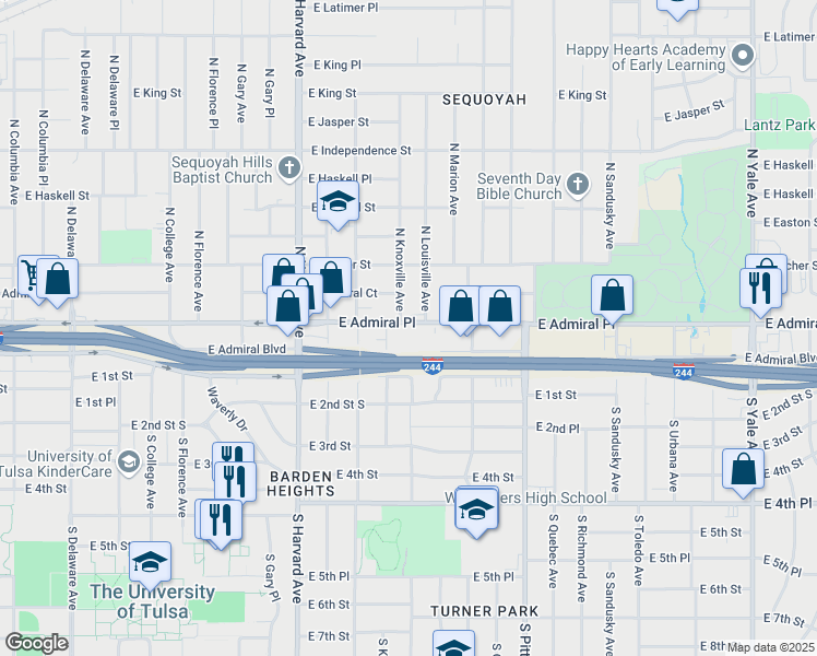 map of restaurants, bars, coffee shops, grocery stores, and more near 4 South Louisville Avenue in Tulsa