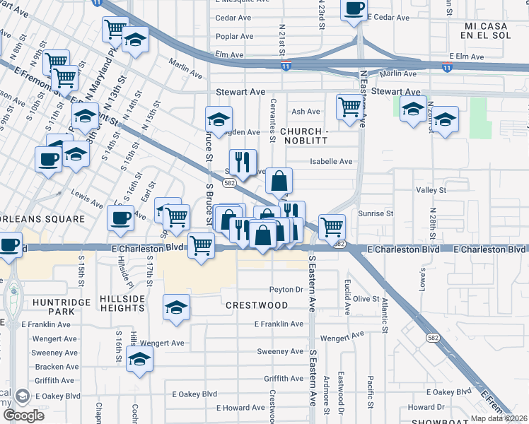 map of restaurants, bars, coffee shops, grocery stores, and more near 2002 Yaupon Avenue in Las Vegas
