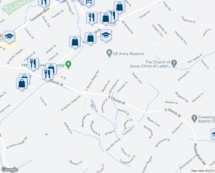 map of restaurants, bars, coffee shops, grocery stores, and more near 110 Skyview Drive in Greeneville