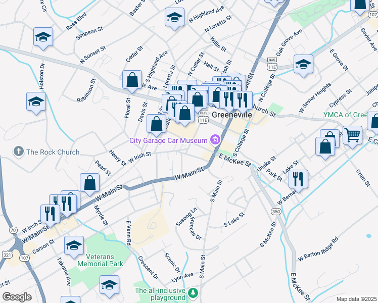 map of restaurants, bars, coffee shops, grocery stores, and more near 307 South Irish Street in Greeneville