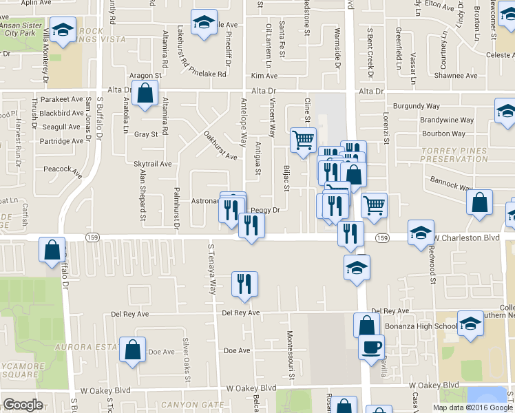 map of restaurants, bars, coffee shops, grocery stores, and more near 6952 Peggy Drive in Las Vegas