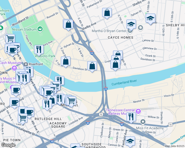 map of restaurants, bars, coffee shops, grocery stores, and more near 406 Davidson Street in Nashville