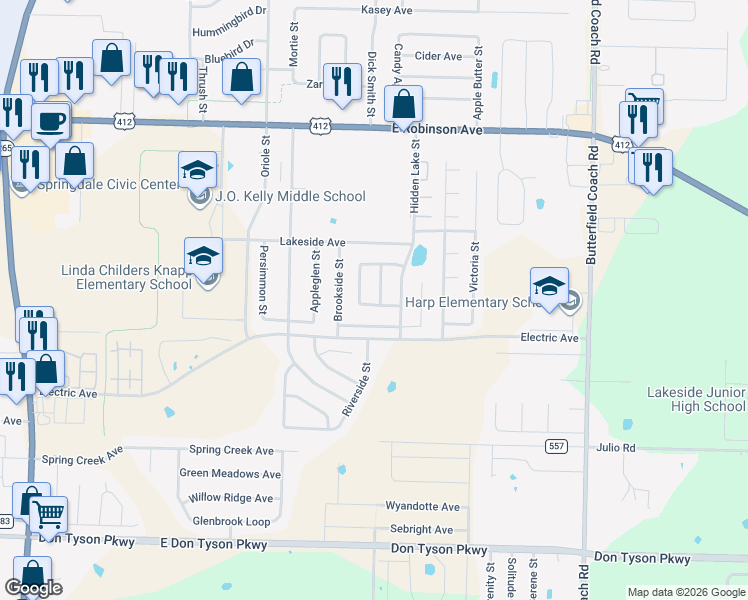 map of restaurants, bars, coffee shops, grocery stores, and more near 2476 Creekwood Avenue in Springdale