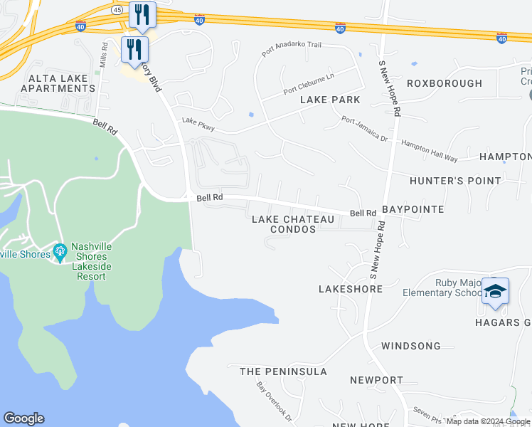 map of restaurants, bars, coffee shops, grocery stores, and more near 162 Lake Chateau Drive in Nashville