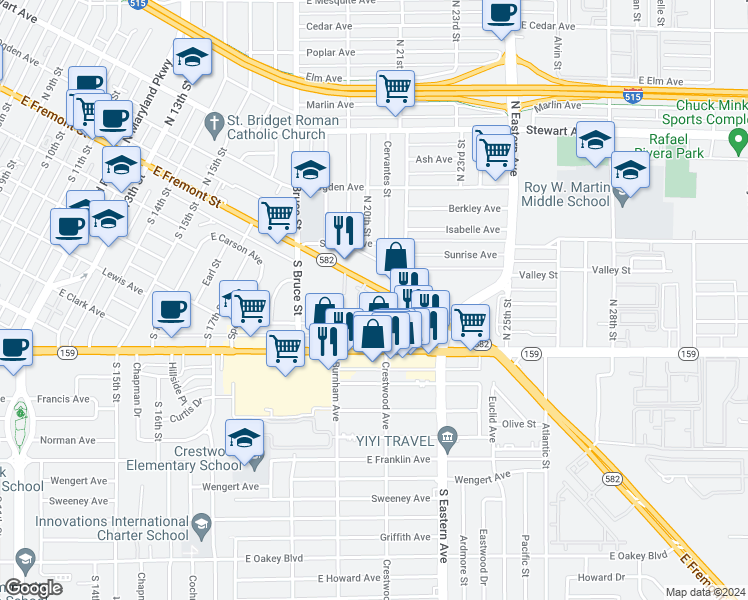 map of restaurants, bars, coffee shops, grocery stores, and more near 223 Dougram Avenue in Las Vegas