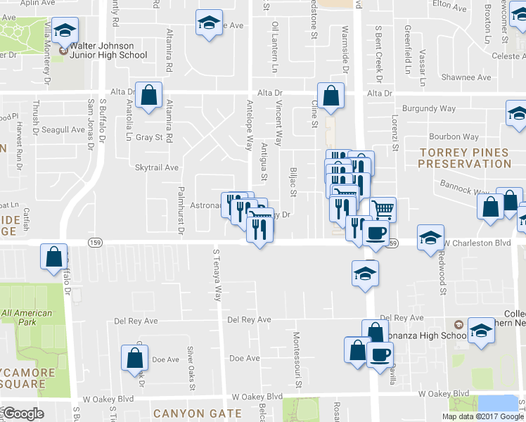 map of restaurants, bars, coffee shops, grocery stores, and more near 6952 Peggy Drive in Las Vegas