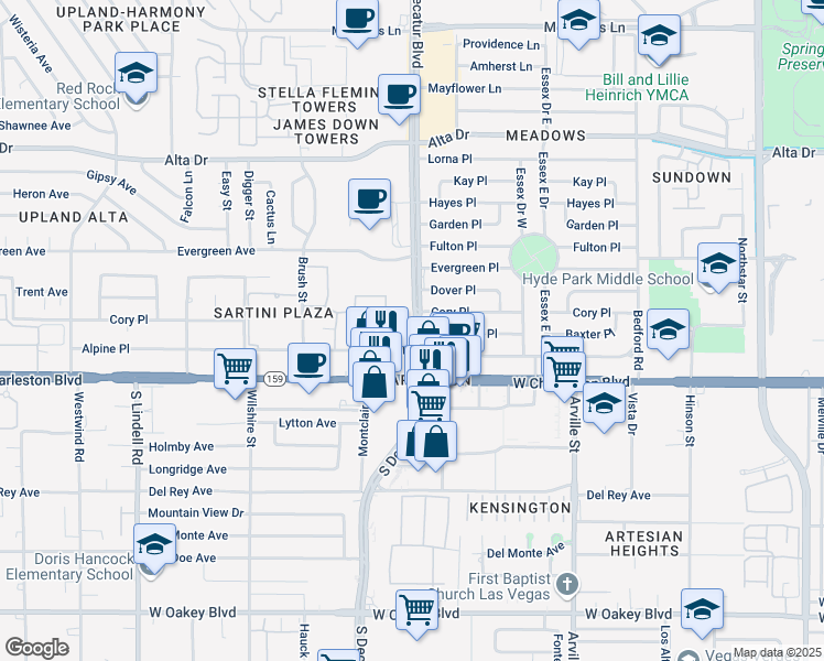 map of restaurants, bars, coffee shops, grocery stores, and more near 920 Appian Way in Las Vegas