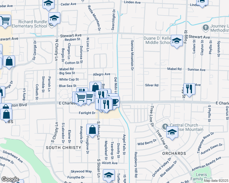 map of restaurants, bars, coffee shops, grocery stores, and more near 51 Del Nido Lane in Las Vegas
