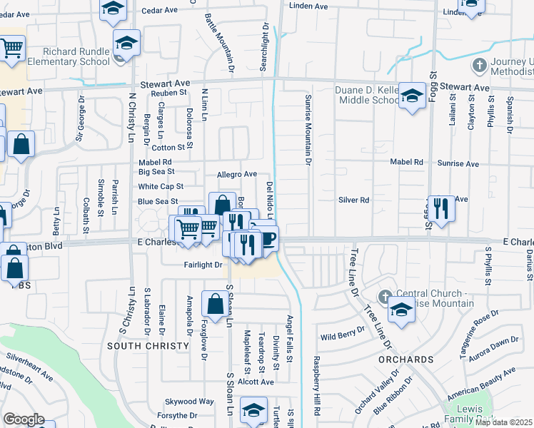 map of restaurants, bars, coffee shops, grocery stores, and more near 51 Del Nido Lane in Las Vegas