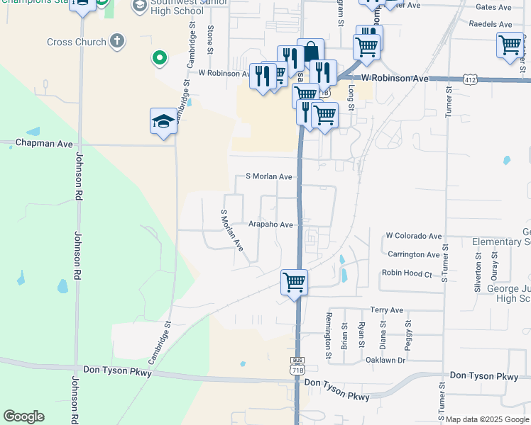 map of restaurants, bars, coffee shops, grocery stores, and more near 2705 Dividend Drive in Springdale