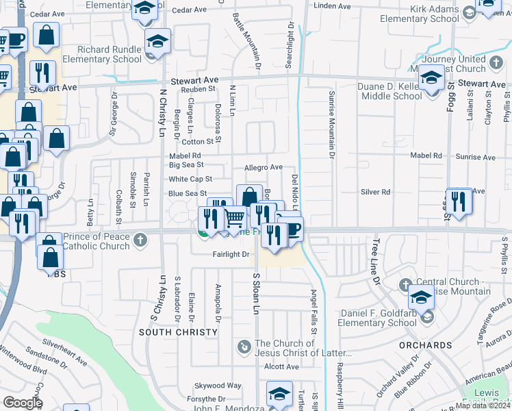 map of restaurants, bars, coffee shops, grocery stores, and more near 5770 Sea Breeze Avenue in Las Vegas